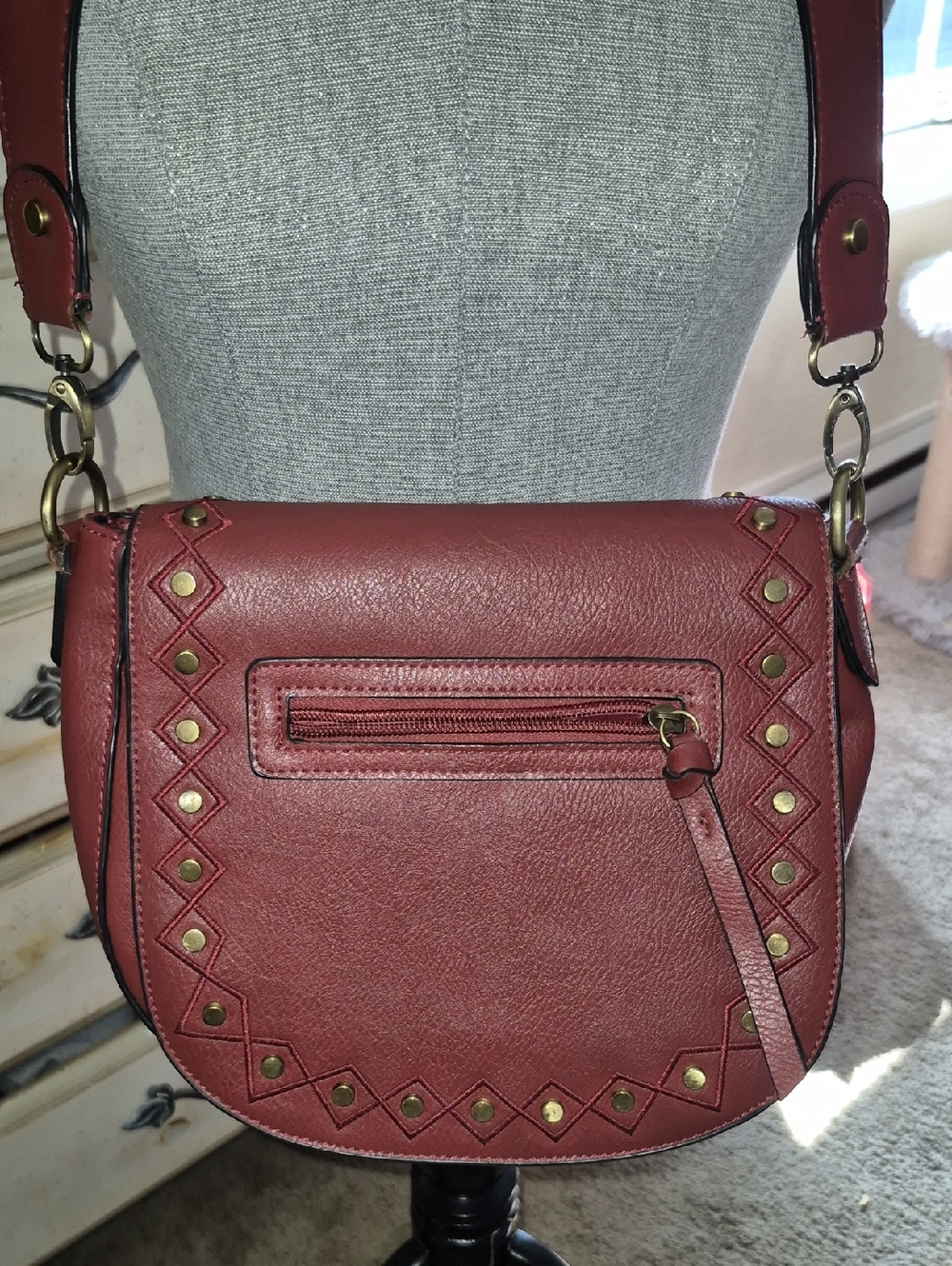 Gal Meets Glam Brick Red Studded Saddle Crossbody Bag